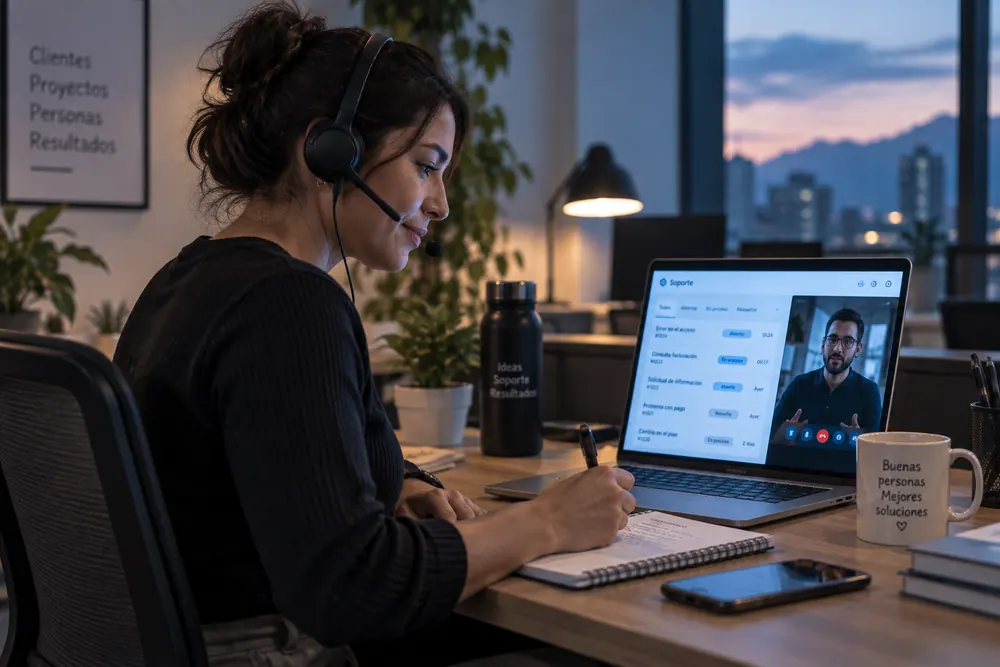 Una especialista de soporte con auriculares atiende a un cliente por videollamada en su escritorio