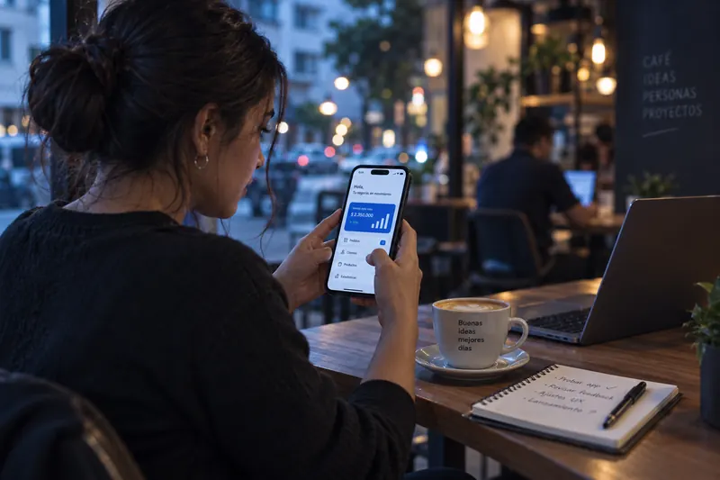 Una mujer prueba una aplicación móvil en un café al atardecer