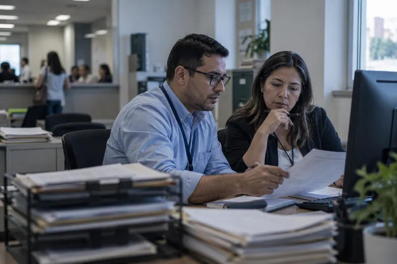 Dos funcionarios revisan documentos y una pantalla en una oficina pública