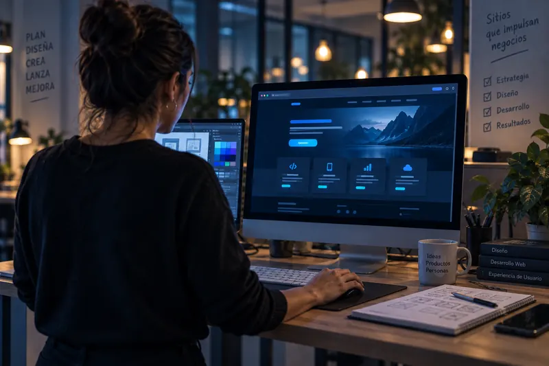 Diseñadora web trabajando en un monitor con el diseño de un sitio, en una oficina moderna al atardecer